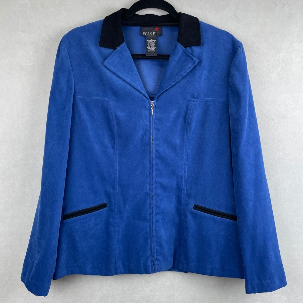 VTG 90s Scarlett Royal Blue Faux Suede Zip Front Blazer Work Jacket Black Hip 10